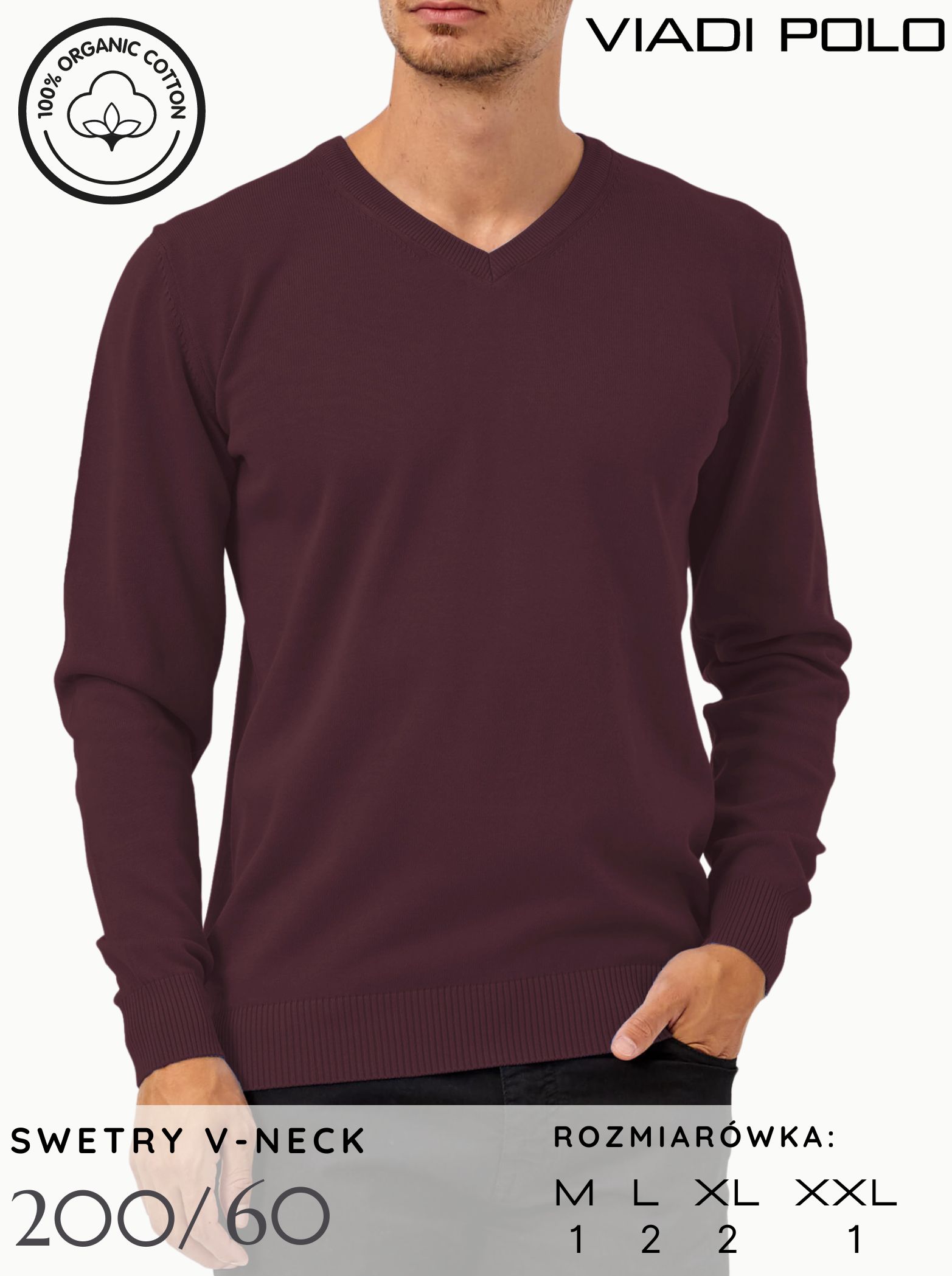 Sweter w serek basic bordo 200/60